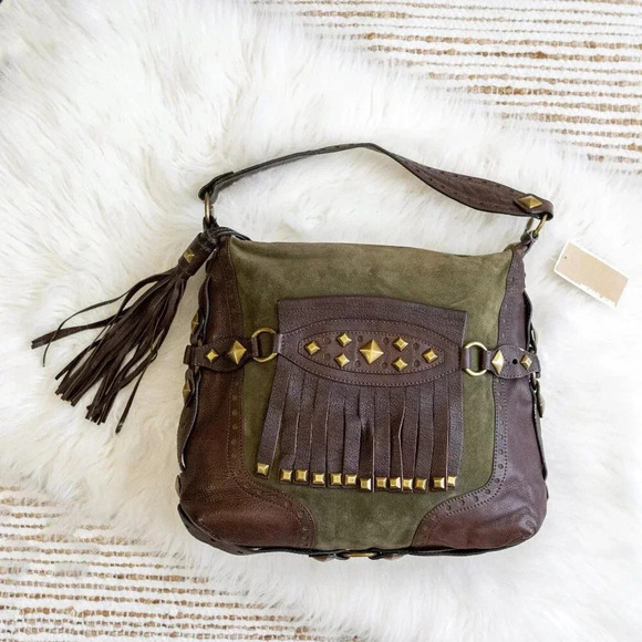 NWT! MICHAEL KORS COLLEGIATE STUDDED BROWN LEATHER OLIVE GREEN SUEDE BAG - Picture 1 of 15